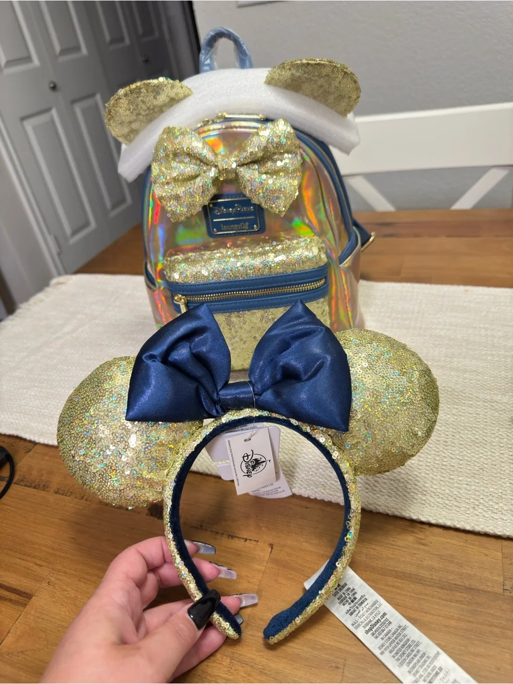 Loungefly Gold Sequin Minnie Ear Headband with Navy Bow